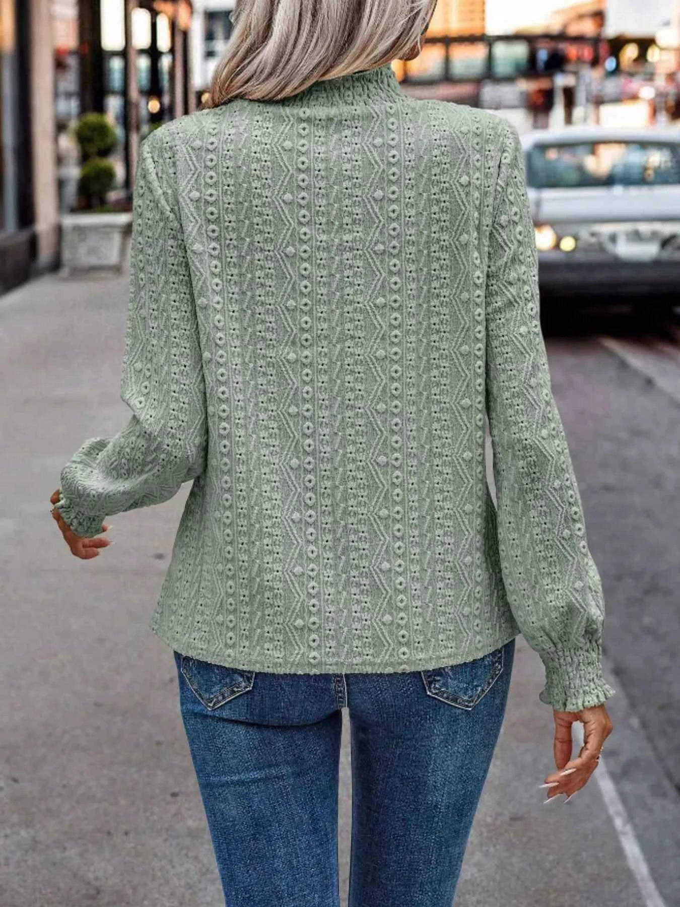 Texture Mock Neck Long Sleeve Blouse d11dfba823c447de87632fb321204299-Max-Origin