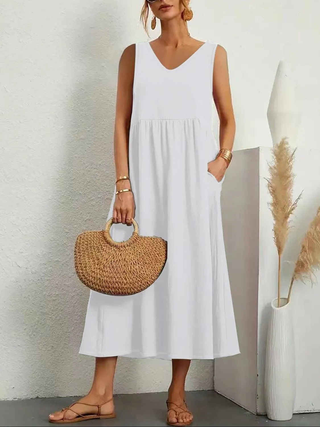 Full Size Pocketed V-Neck Sleeveless Midi Dress Plus Size White d1347768-cae4-4a73-b4bf-5d2fc98e526b-Max-Origin
