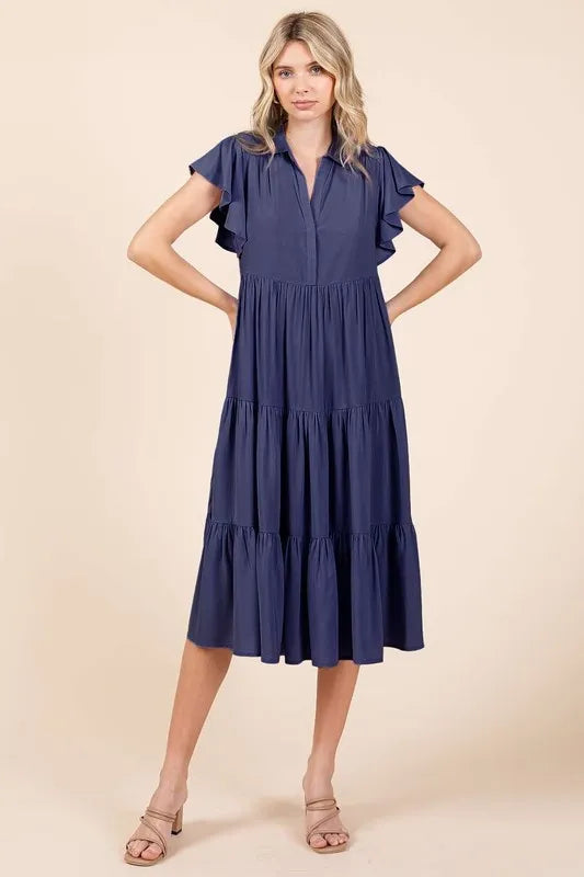 Mittoshop Ruffle Sleeve Collared V Neck Tiered Midi Dress d14bb62a-575e-48f9-b141-1cd53da77bf4-Max