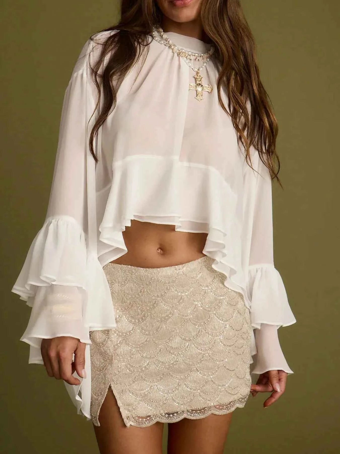 Ruffle Bell Sleeve Blouse White d160ebf1-2b40-40d0-b354-01290eb3733c-Max-Origin