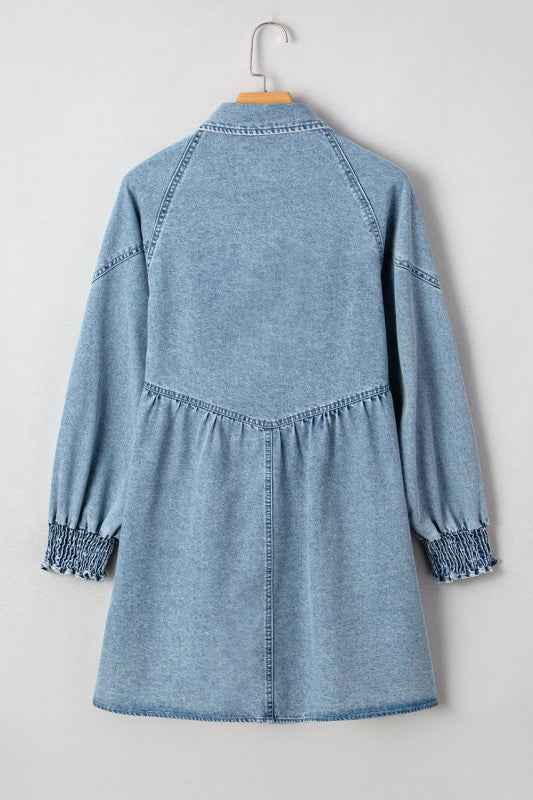 Denim Smocked Cuffs Shirt Mini Dress d1cc3981-b412-4a04-93c3-5d588f28a324