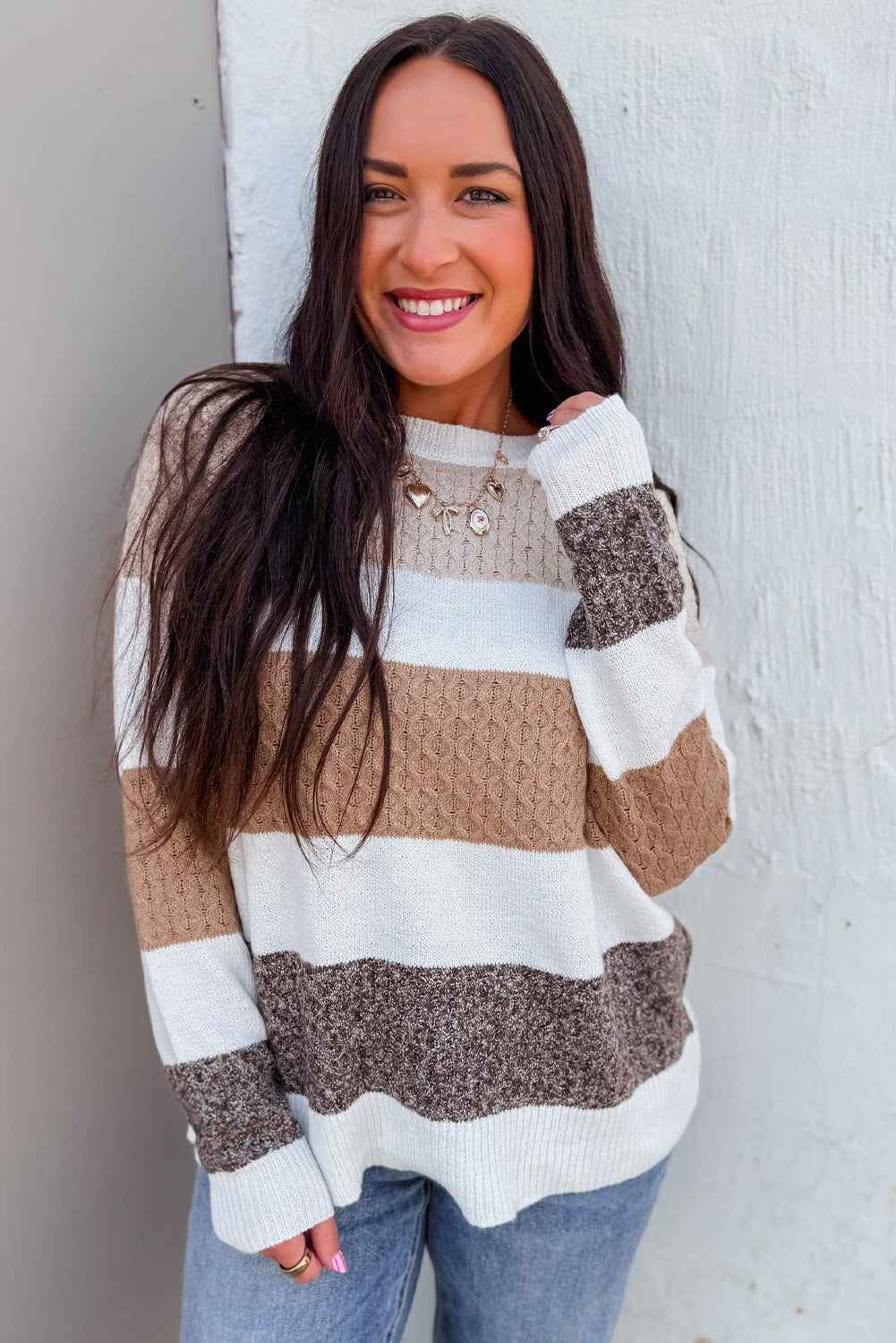 Brown Mixed Texture Knit Striped Colorblock Loose Sweater d216a2b121e1b0c2