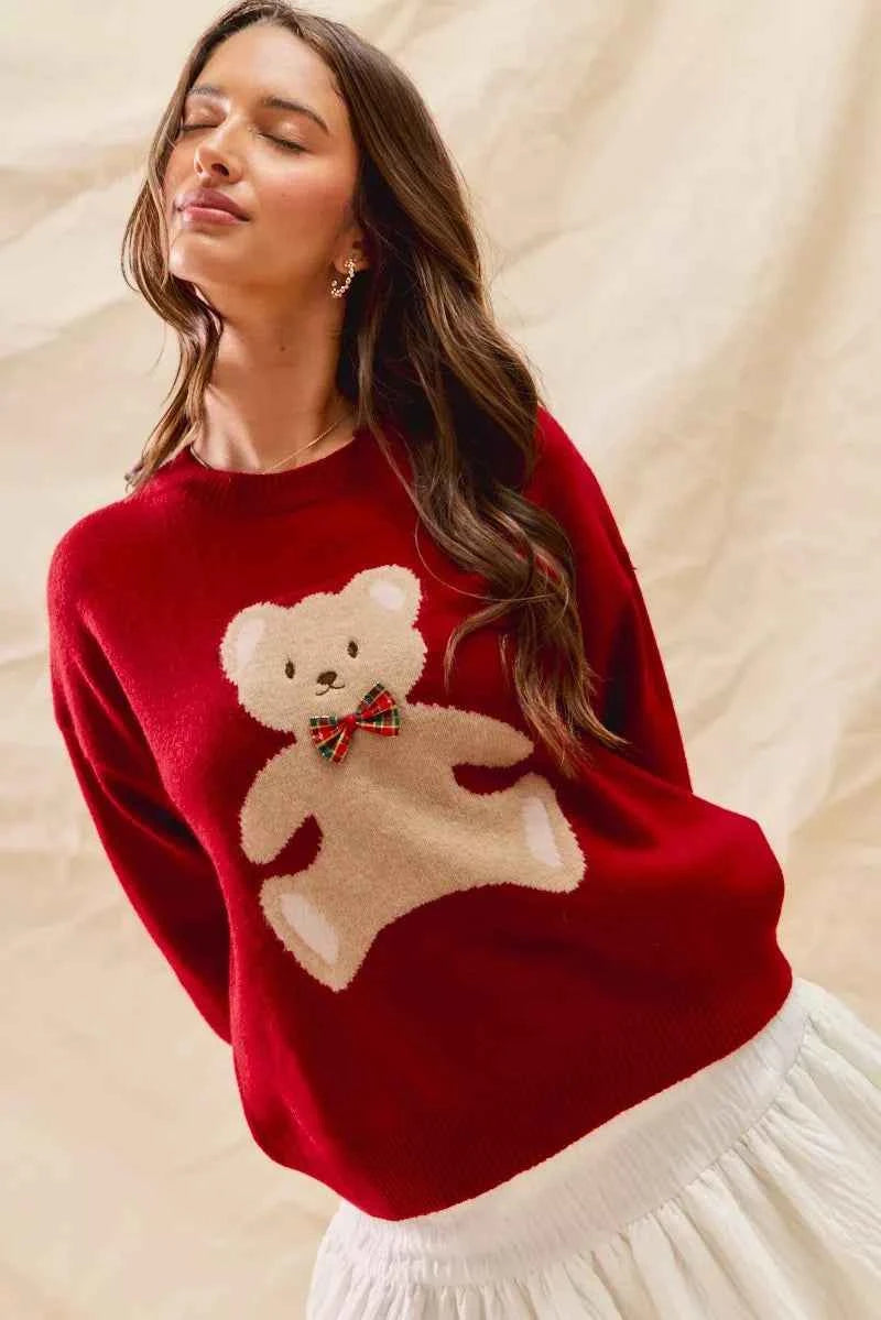 SO ME Teddy Bear With Check Ribbon Christmas Sweater RED d27f5542e0564504969ea5a5cb3d0120-Max-Origin