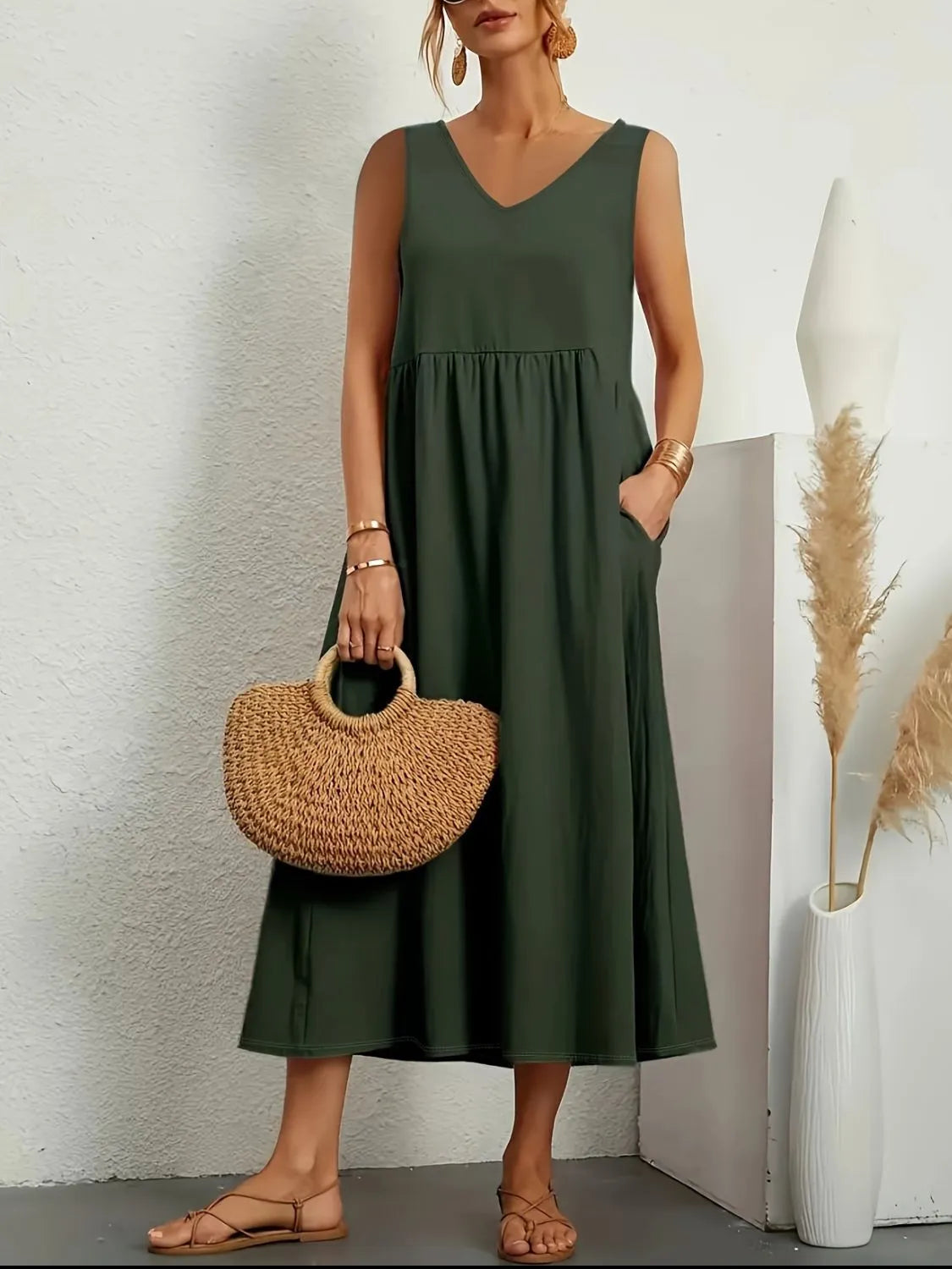 Full Size Pocketed V-Neck Sleeveless Midi Dress Plus Size Black Forest d2a72c6f-823d-4073-a131-c51c64a1f26f-Max-Origin