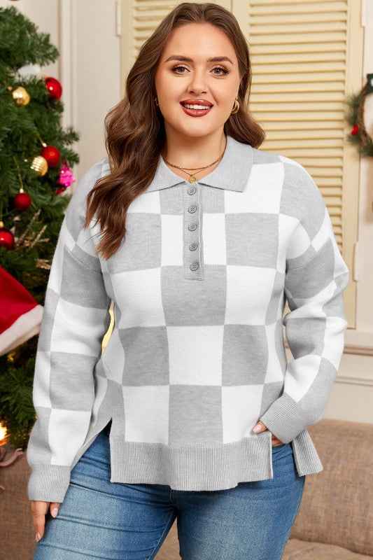 Plus Size Checker Buttoned Polo Collar Sweater d2a8eedf-92f5-447c-ad0d-7e14b84360ab