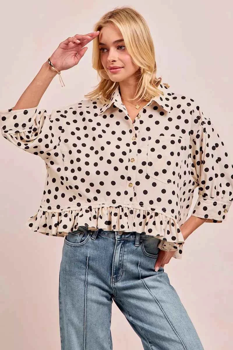 BiBi Polka Dot Printed Peplum Top with Front Button d2ae2bf48b3e4676b0fcdd958da872a2-Max-Origin