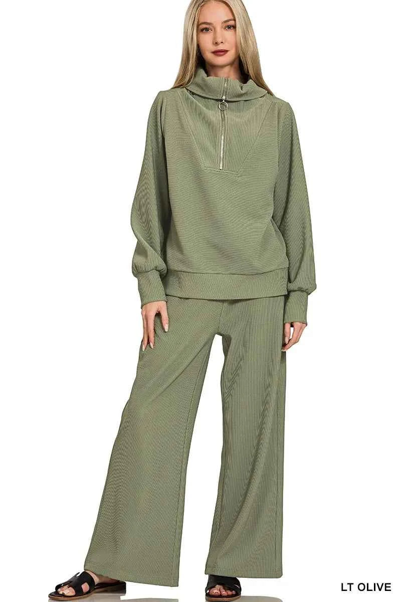 Zenana Ribbed High Neck Half Zip Pullover & Pants Set LT OLIVE d2dd1a1036e74a04a822fc2b29344fc7-Max-Origin