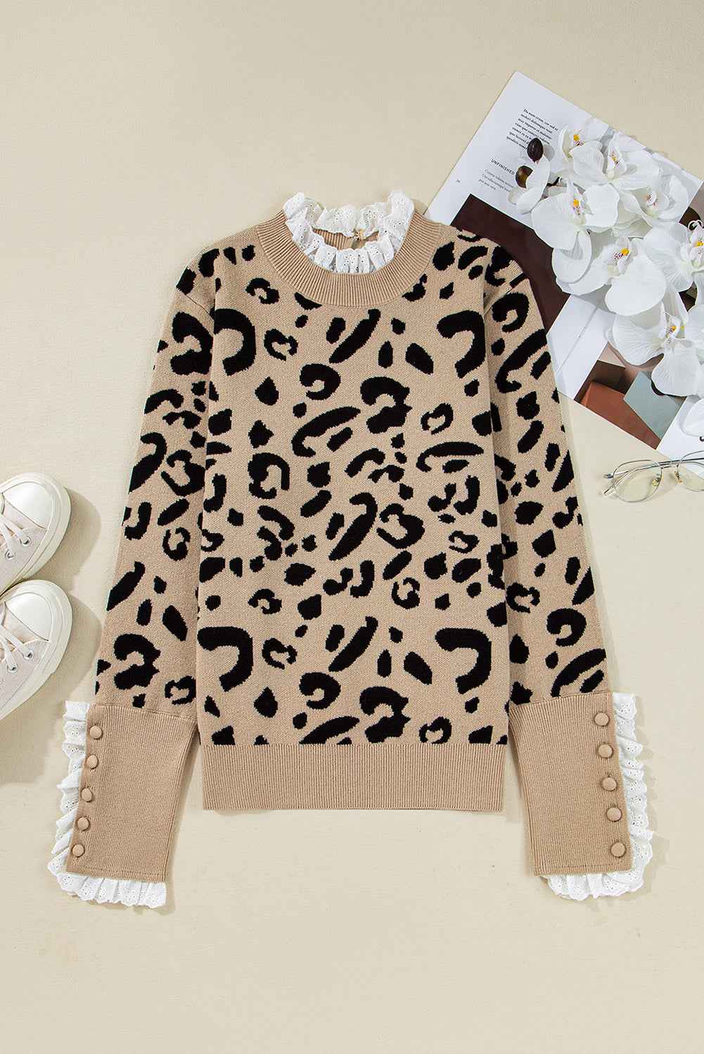 Brown Leopard Pattern Lace Trim Ribbed Detail Button Cuffed Sweater d2df8fb9ab85b324