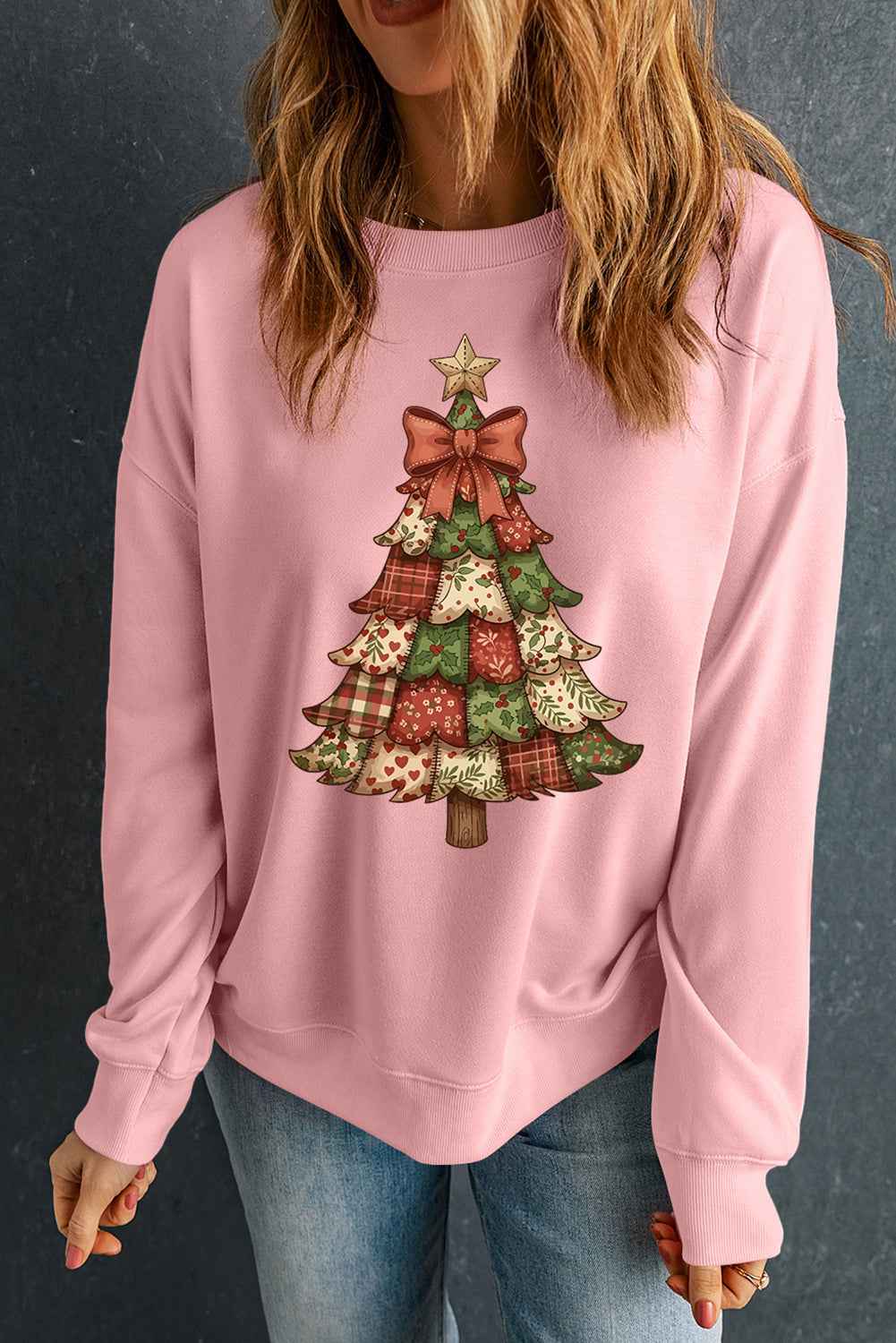 Pink Christmas Tree Graphic Heat Transfer Printing Baggy Sweatshirt Pink 50%Polyester+50%Cotton d2e70b6ff5706ab9