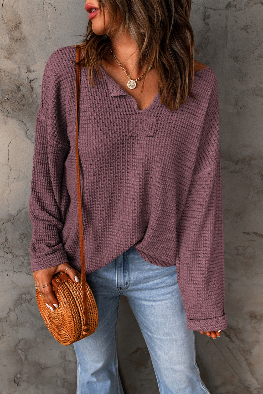 Purple Waffle Knit Split V Neck Drop Shoulder Long Sleeve Top d2ebde45e0750501