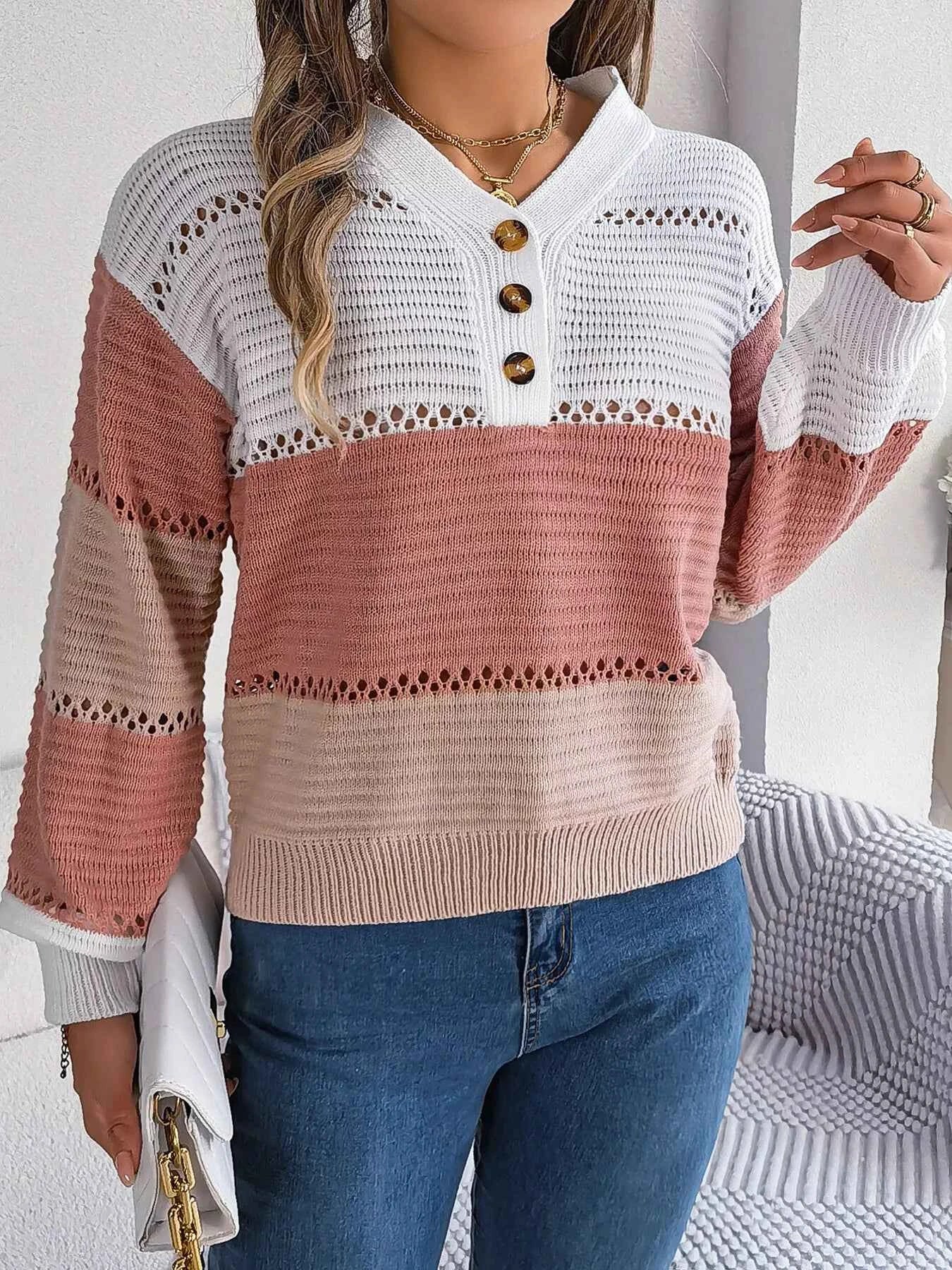 Color Block Striped V-Neck Button Detail Sweater Pink d2f5632df42c47a08f88df9d8d6efe94-Max-Origin