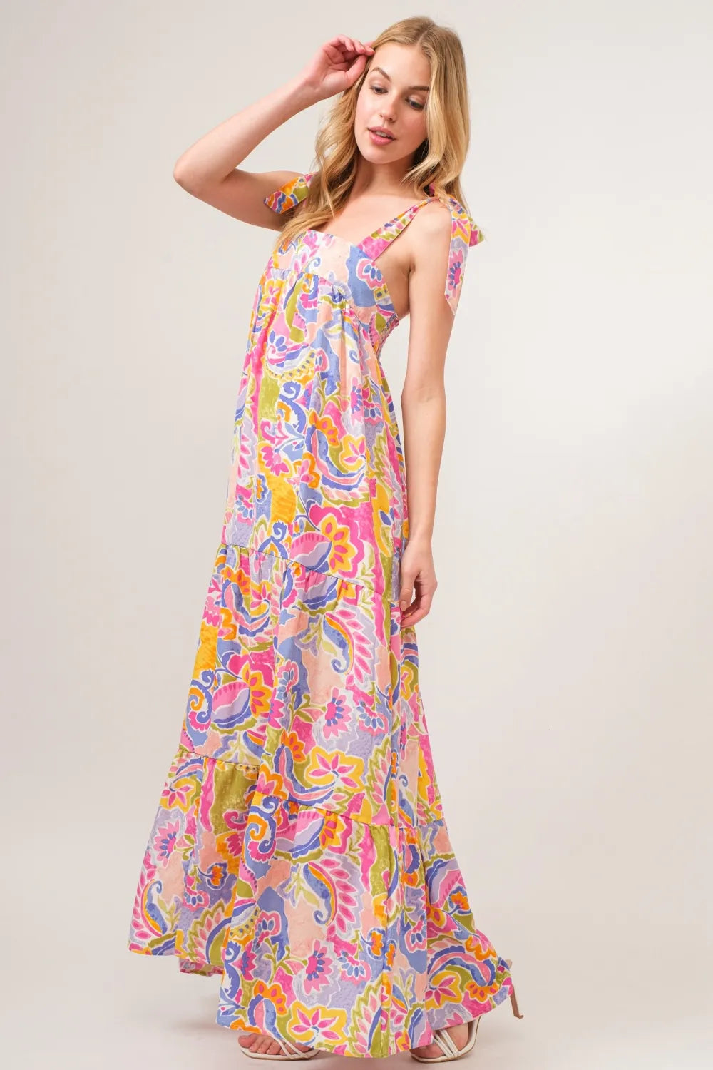 And The Why Full Size Printed Tie Shoulder Tiered Maxi Dress Multicolor d2f5ff79-f9a0-4371-b858-4ad7cbcf356d-Max