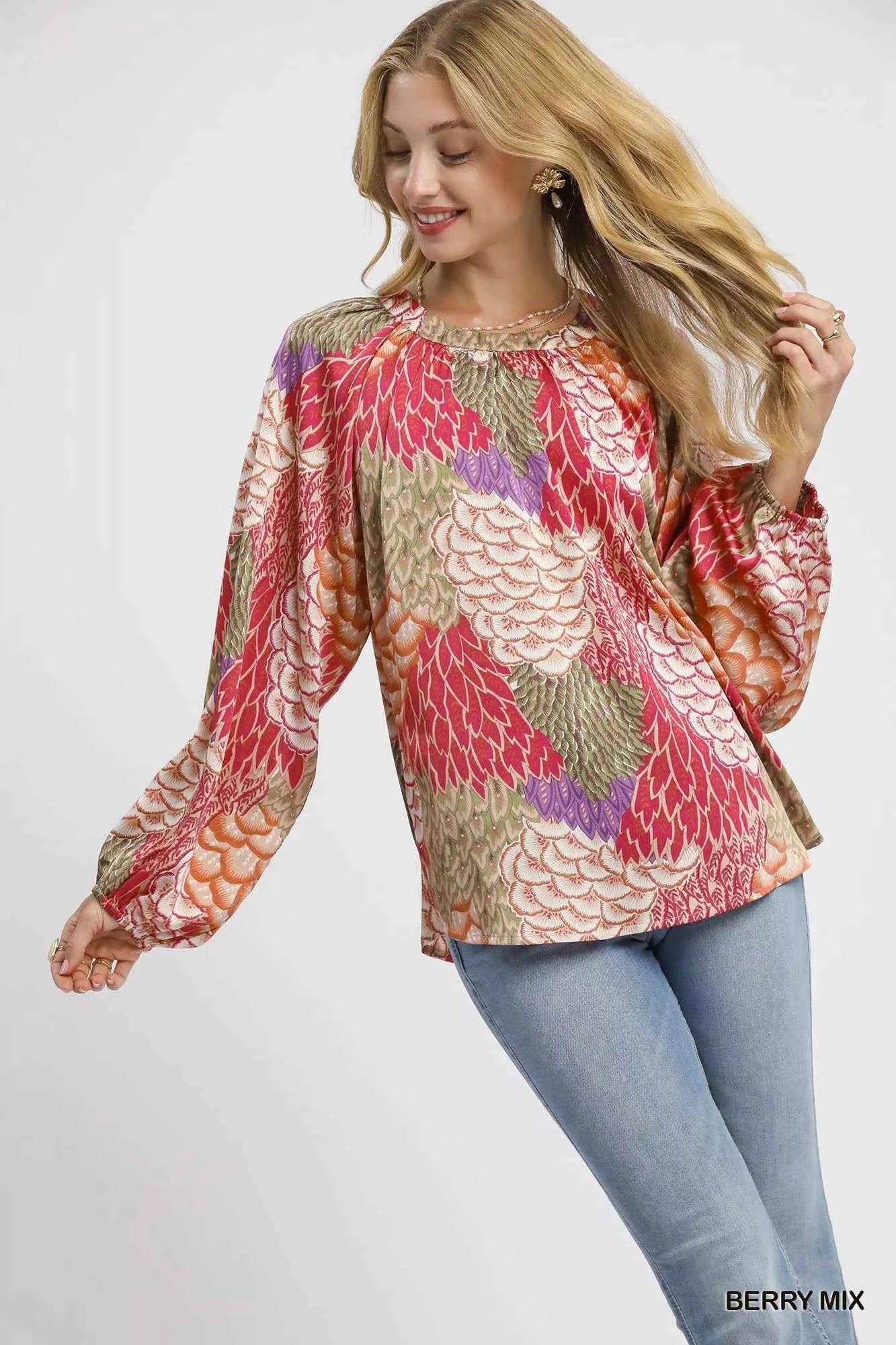 Umgee Boho Feather Print Peasant Blouse d334e52e-c195-442a-8820-56c2318e4adf-Max-Origin