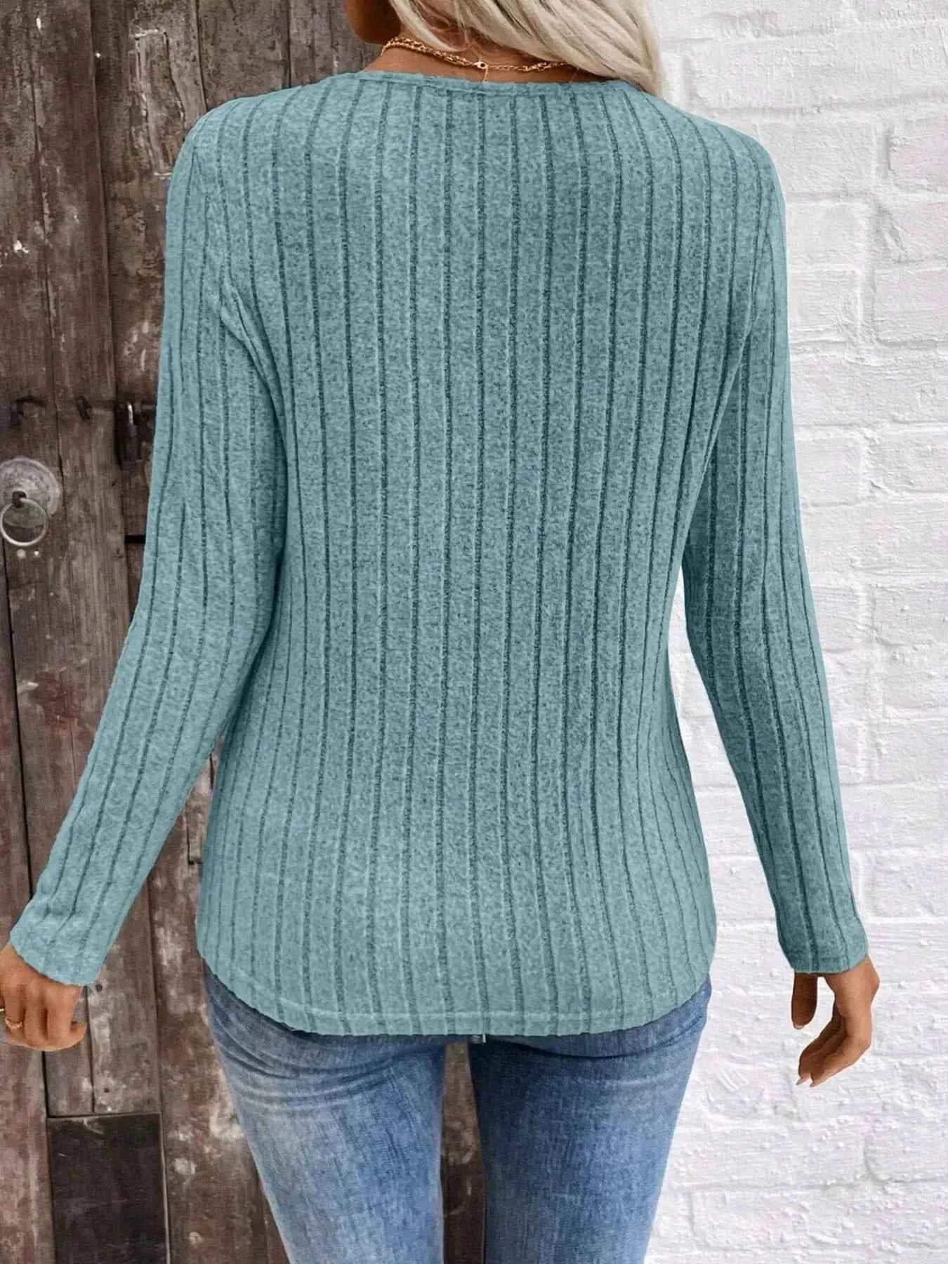 Ribbed V-Neck Long Sleeve Knit T-Shirt