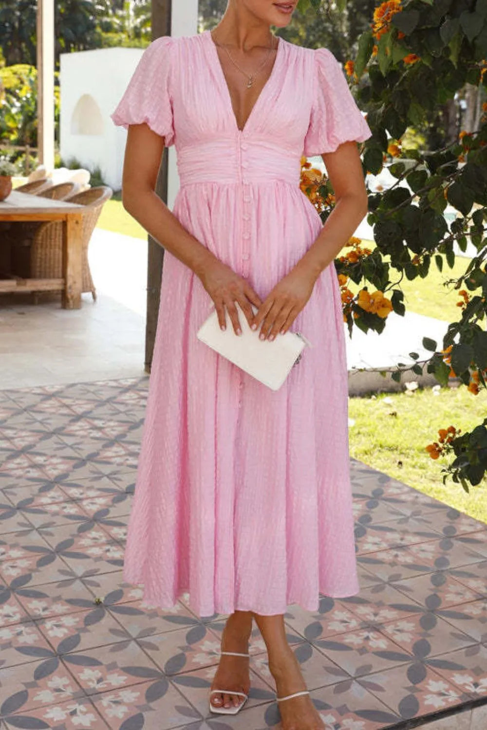 V-Neck Puff Short Sleeve Midi Dress d37b832a-79e6-4b8b-ba9a-5c82fff8e089-Max-Origin