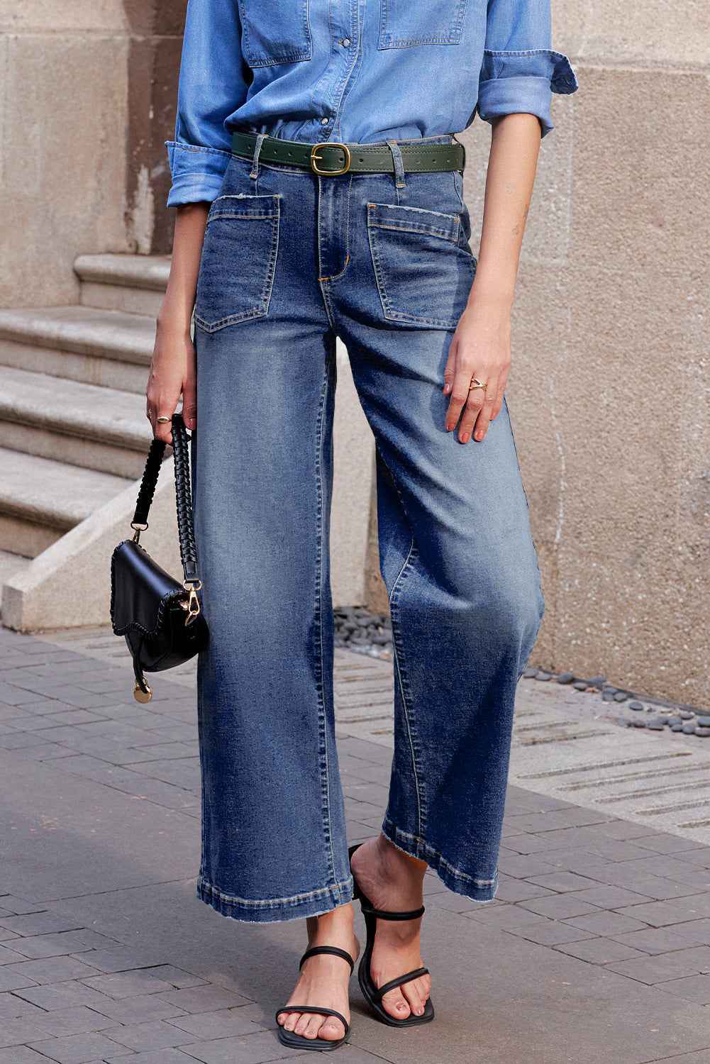 Brown Minimalist Patch Pocket High Waist Shift Jeans Bluing 65%Cotton+33%Polyester+2%Elastane d383252a3a4126b3