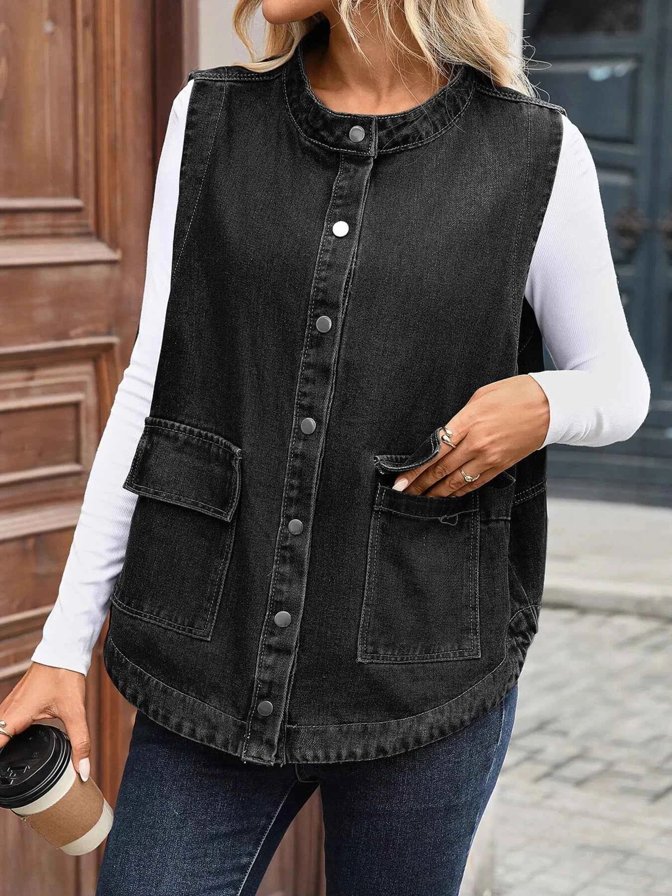 Snap Down Sleeveless Denim Jacket d3bd09adfdc444a1bcdb3fbc20453299-Max-Origin