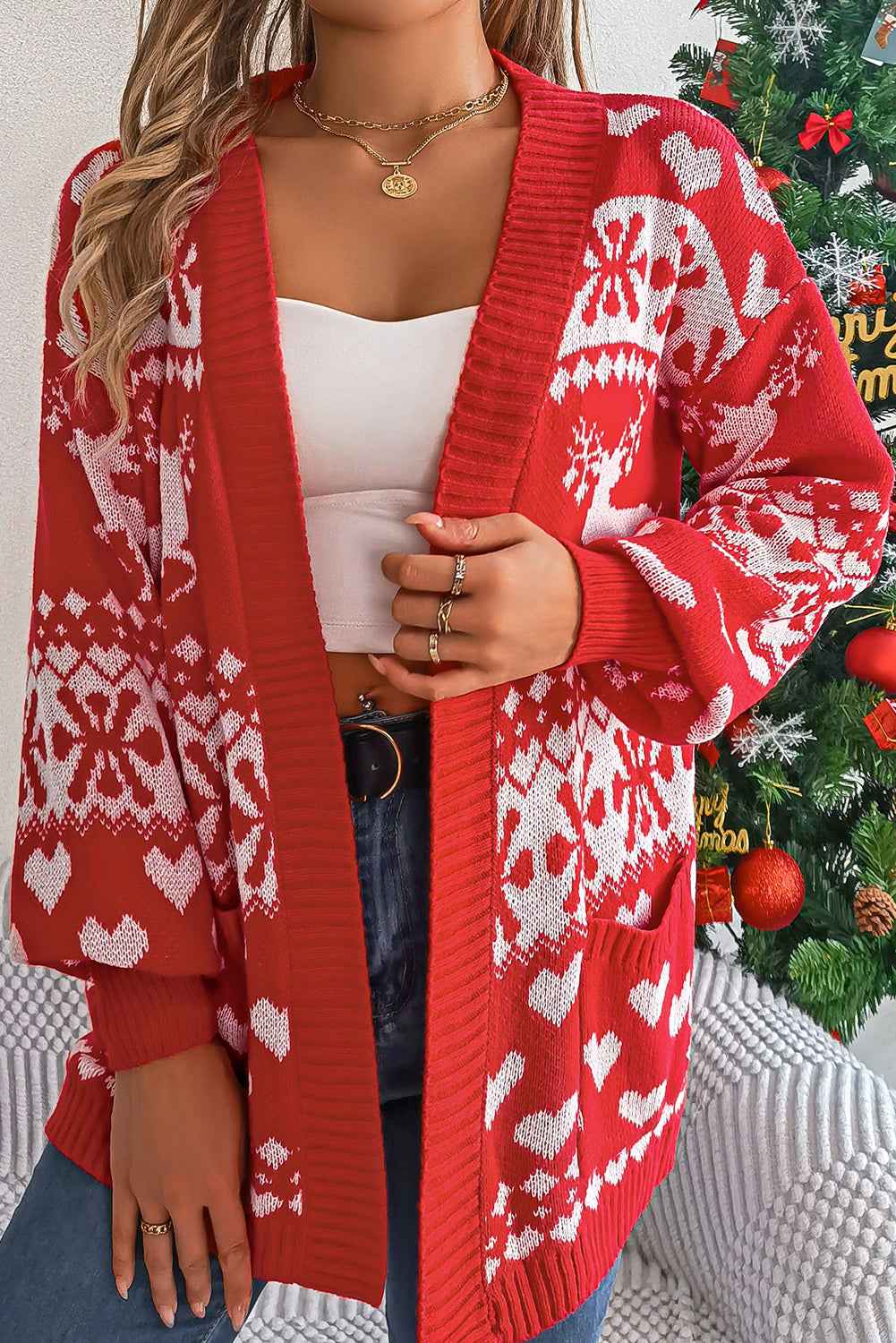 Fiery Red Christmas Reindeer Heart Pattern Pocket Knit Cardigan Fiery Red d3efaabd35d249de