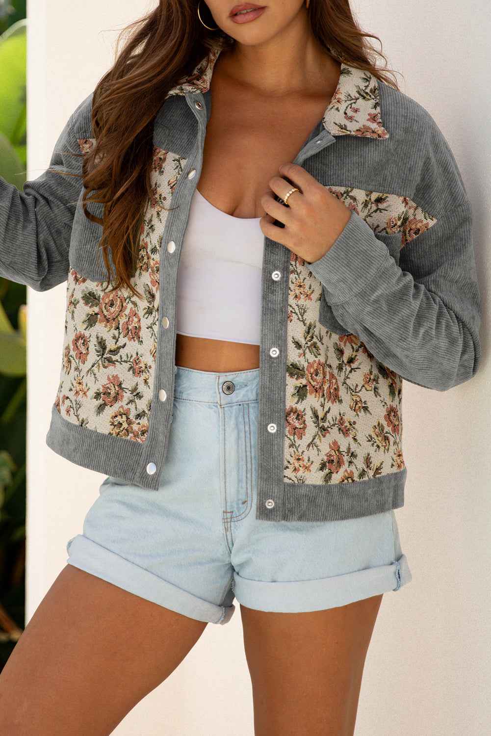 Medium Grey Ribbed Retro Floral Patchwork Jacket d3f82d6717ad5781