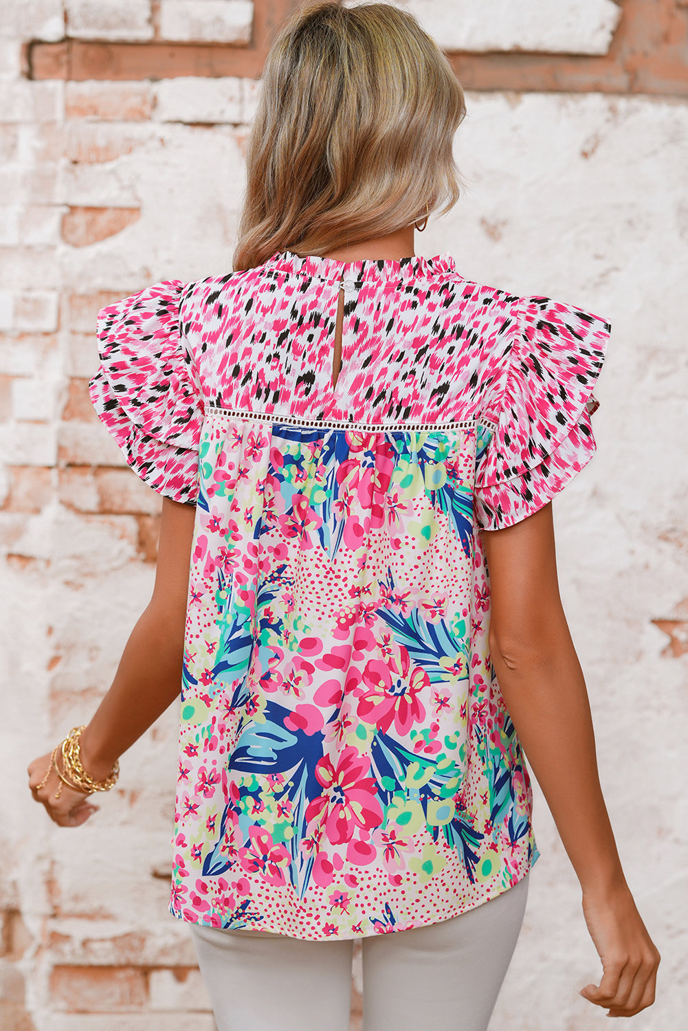 Red Floral Mixed Print Ruffle Cap Sleeve Blouse d46824c650e93bf4