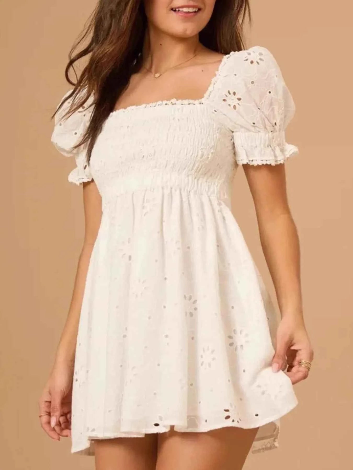 Eyelet Puff Sleeve Smocked Mini Dress White d474ceb1-6c91-47dc-921e-c4b0ce945da3-Max-Origin