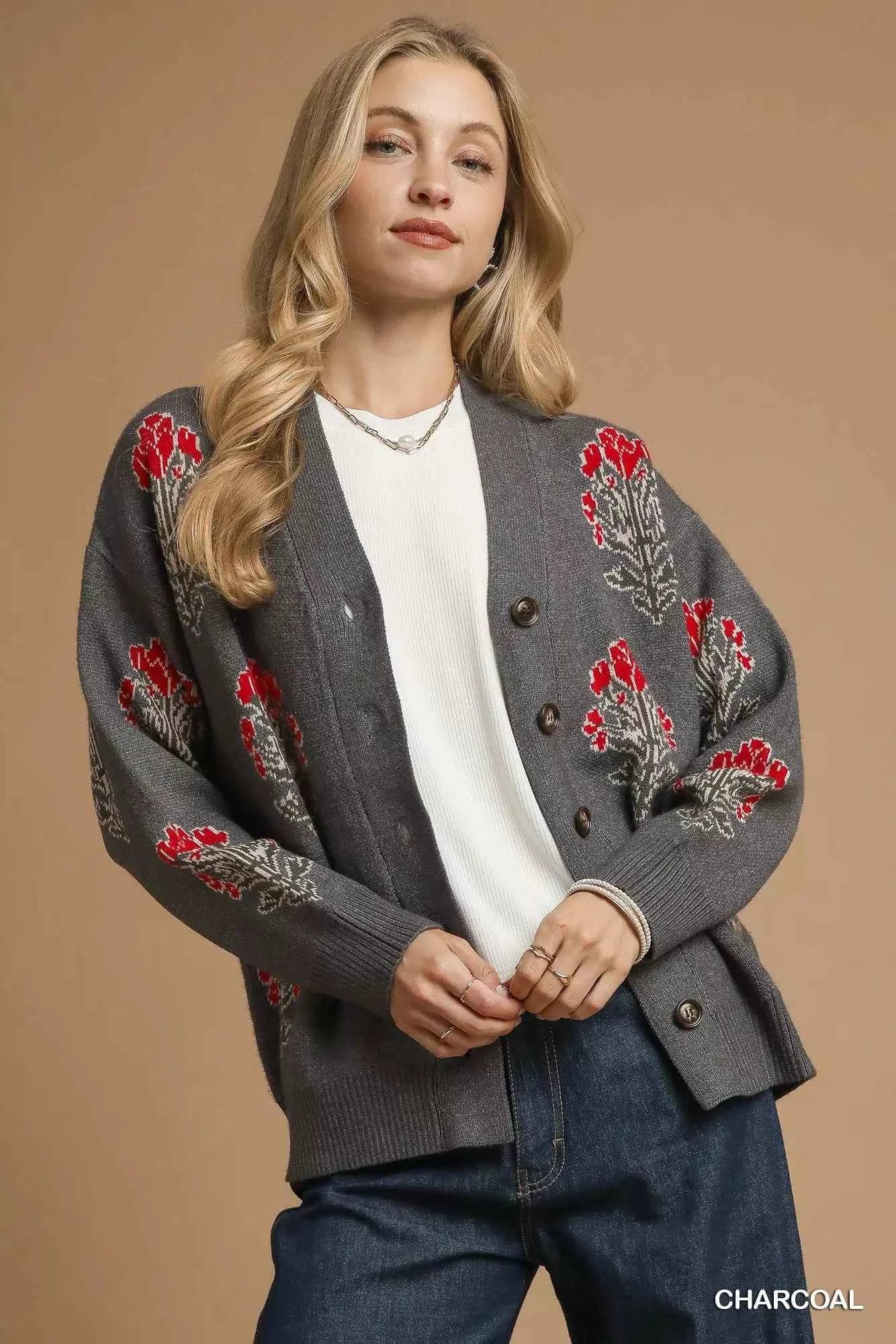 Umgee Single Flower Stem Jacquard Cardigan Sweater CHARCOAL d47ce038-9939-4ec5-8fca-22ffb955f5a4-Max-Origin