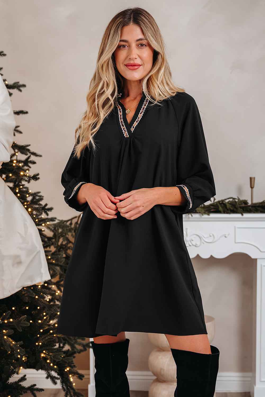 Black Contrast Trim V Neck Bracelet Sleeve Shift Mini Dress d4896517b41c9f4c