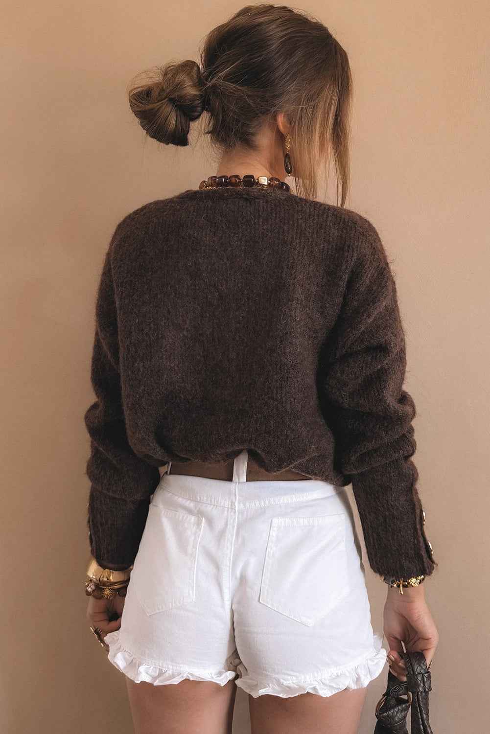 Chicory Coffee V Neck Metallic Heart Button Knit Cardigan d4a3b1a7e1a37761