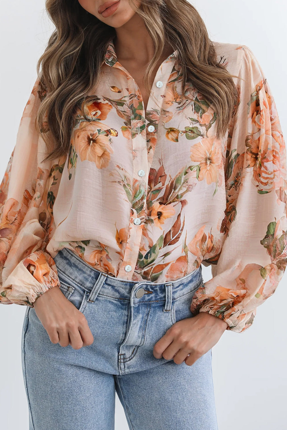 Brown Floral Puff Sleeve Lightweight Shirt Orange 100%Polyester d4c2722b40be9146