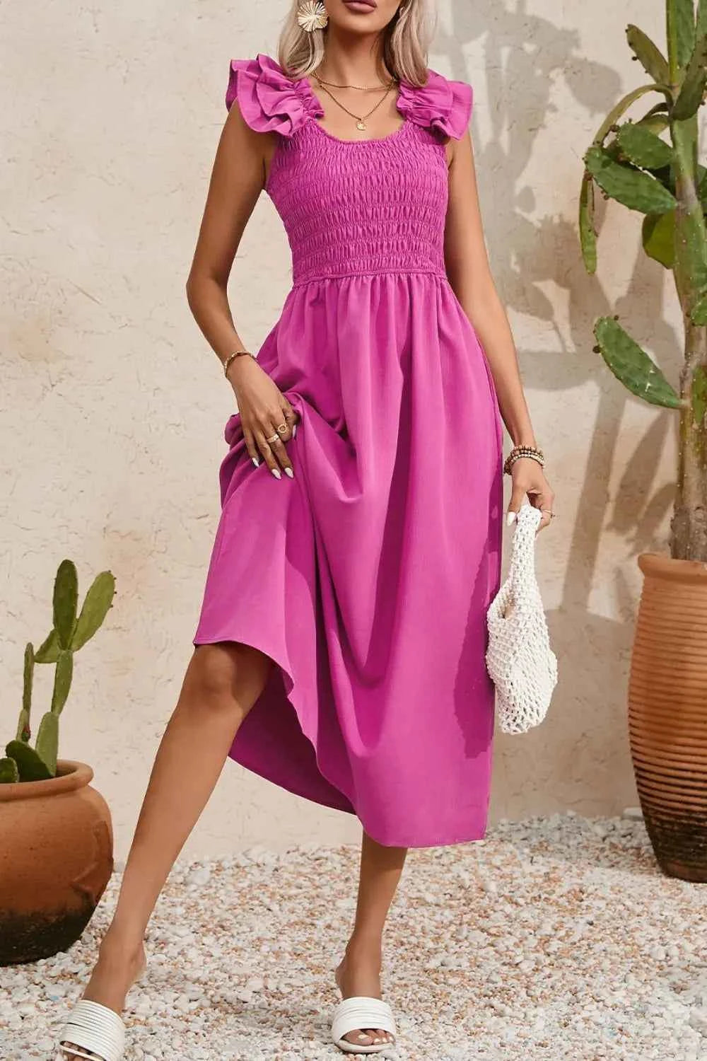 Solid Color Ruffled Straps Smocked Ruched Maxi Dress d4c891e3-b453-45ac-9455-b1c599a51c91-Max-Origin