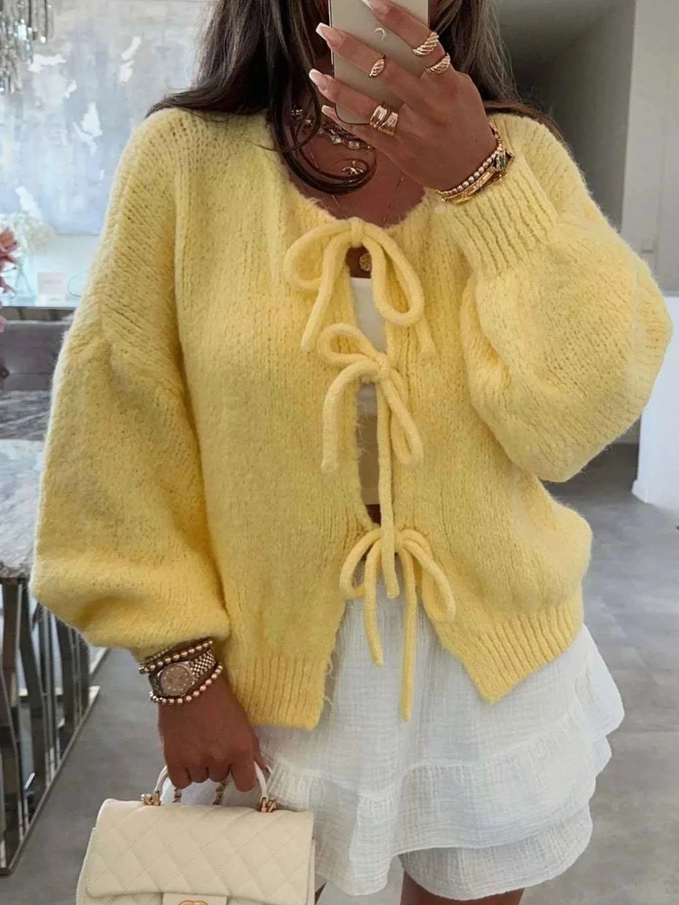 Cozy Bow-Tie Front Knit Cardigan Yellow d53a95fb-1dd7-47db-8d57-74664017b2e8-Max-Origin