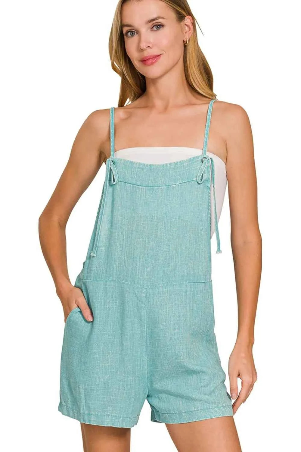 Zenana Washed Linen Knot Strap Rompers DUSTY TEAL d53b64df-ba2a-41ab-a251-061308850d02-Max-Origin