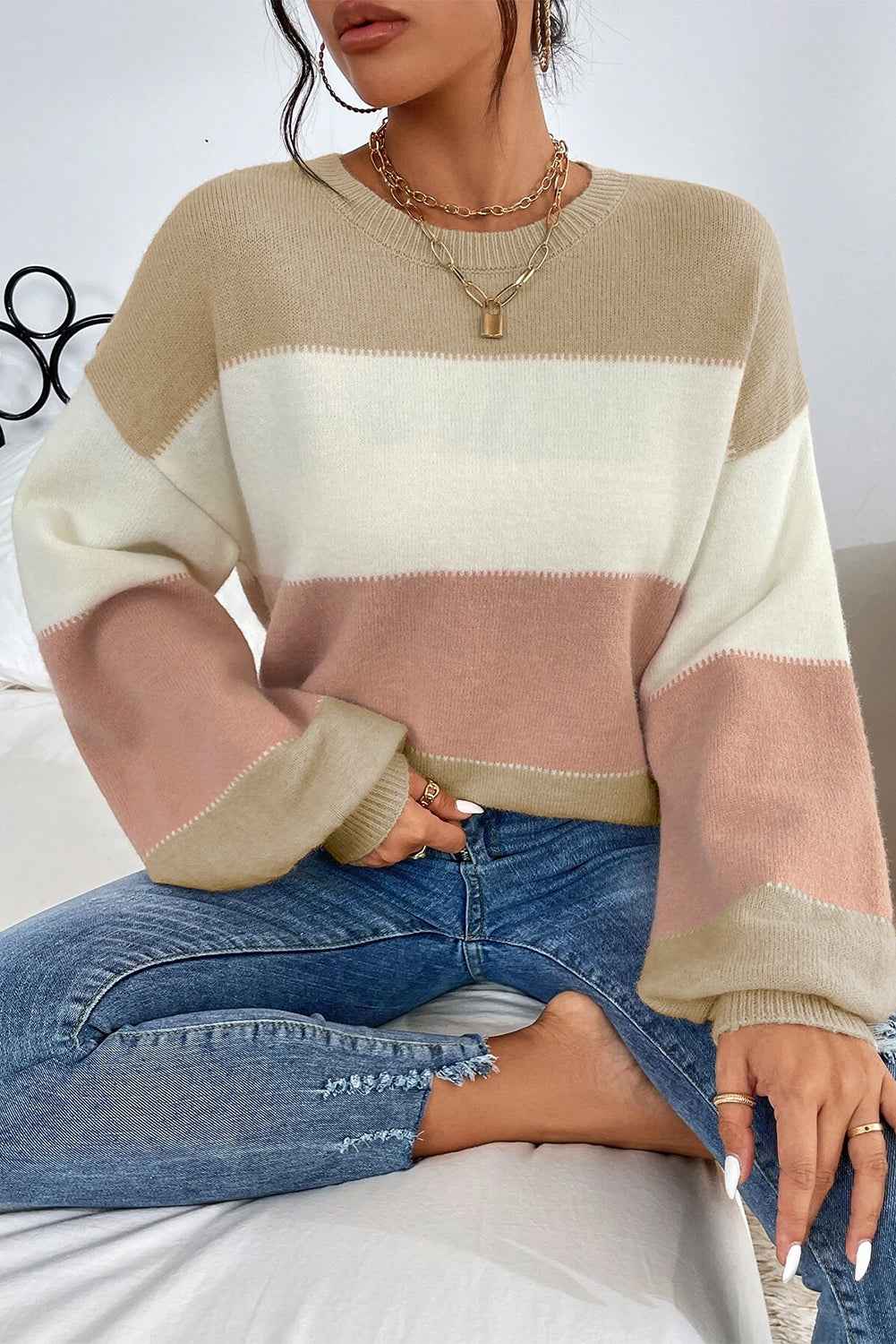 Dusty Pink Color Block Lantern Sleeve Drop Shoulder Sweater d59ad6b623df2fc4