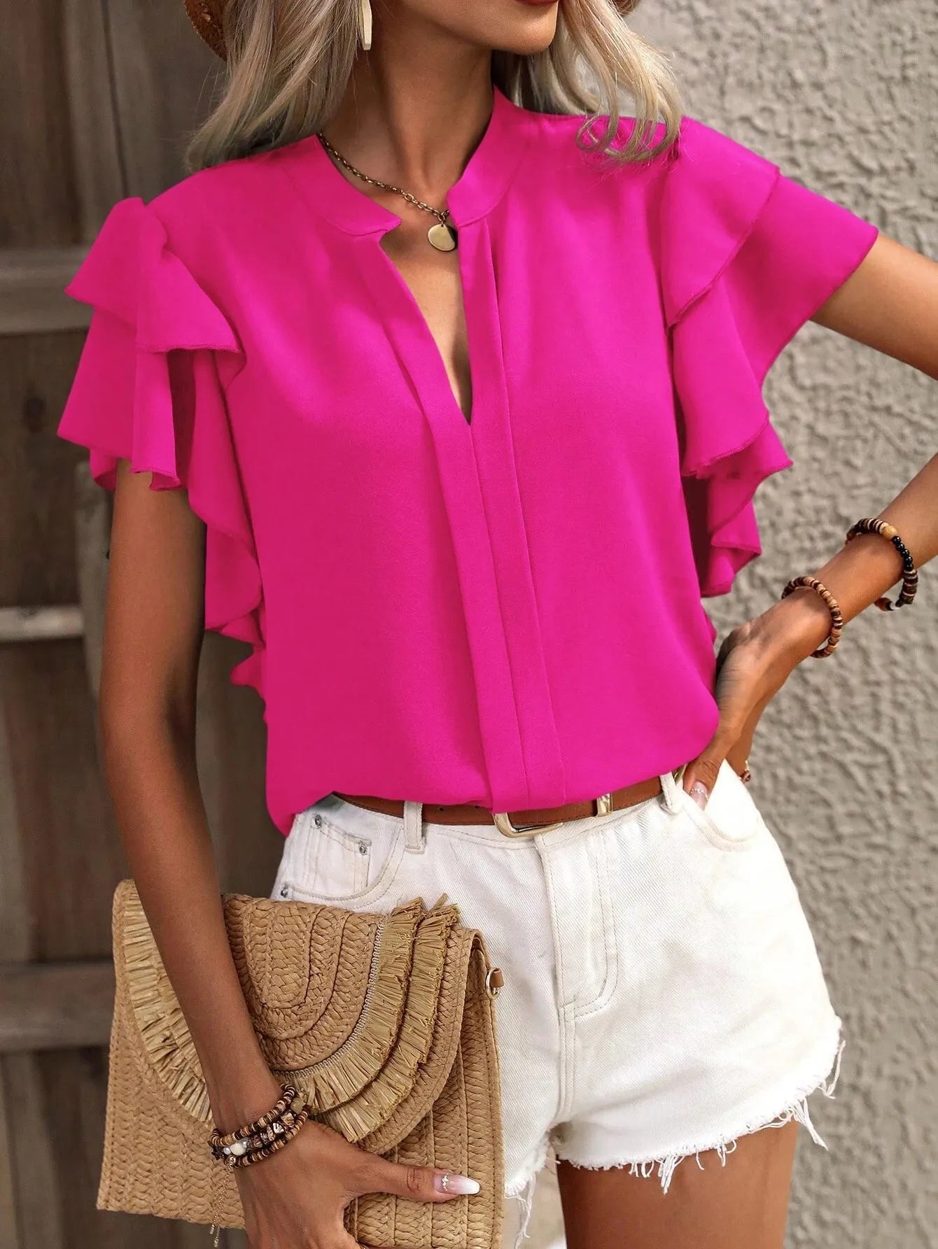 Ruffle Sleeve Notched Blouse Hot Pink d64d4d7d-347c-422b-b2ef-3614dc14c93a-Max-Origin