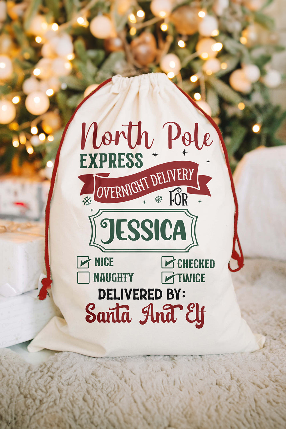 White North Pole Express Drawstring Christmas Gift Bag