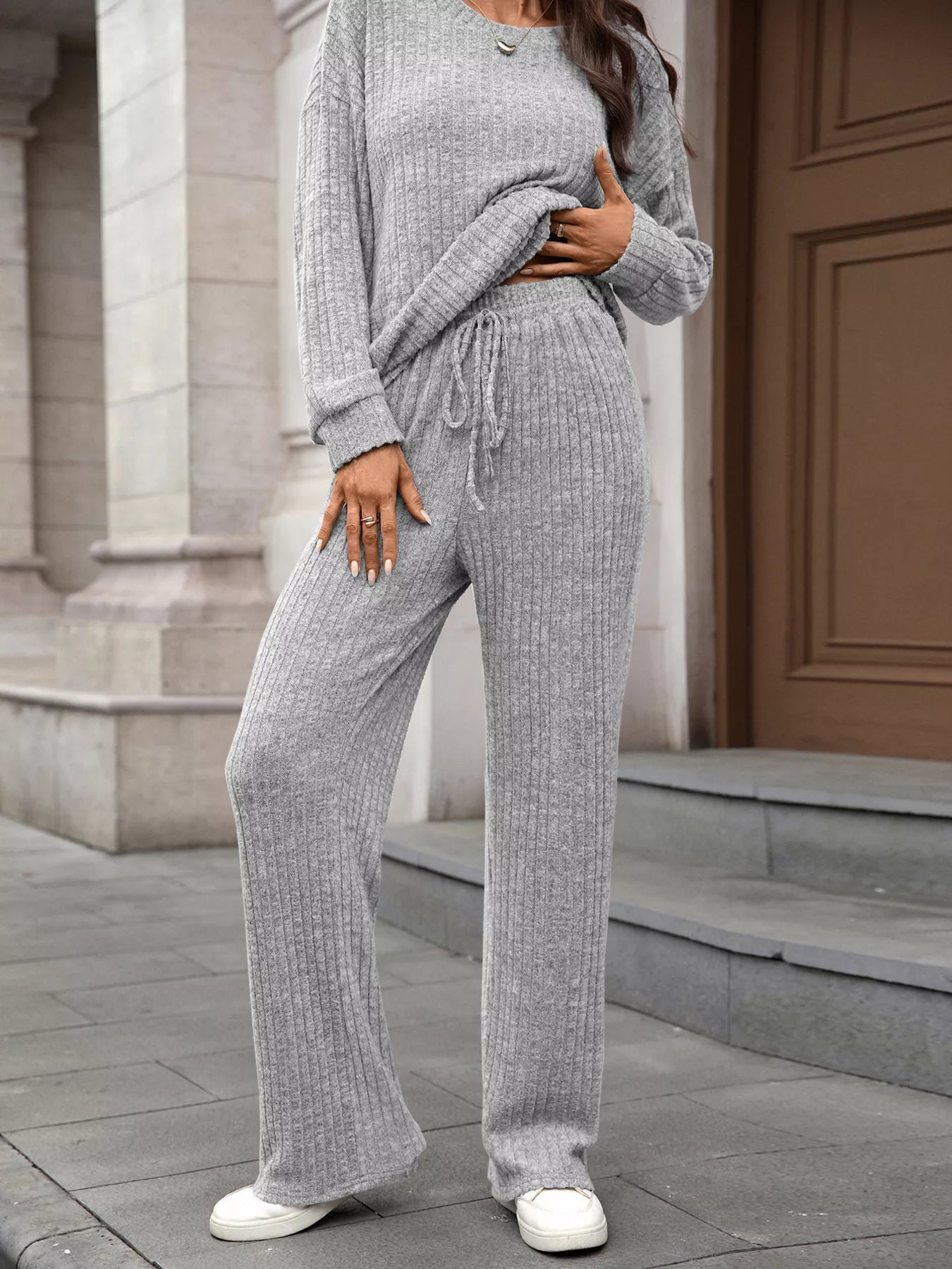 Ribbed Round Neck Top and Pants Set Light Gray d68760221a654f18b0eb8e3bb2eeeb09-Max-Origin