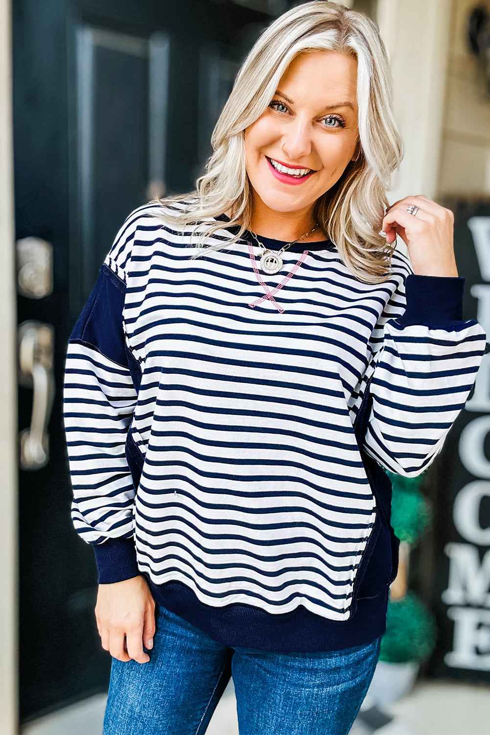 Blue Stripe Contrast Stitched Detail Color Block Patchwork Plus Size Sweatshirt d68fb70fa49a60df