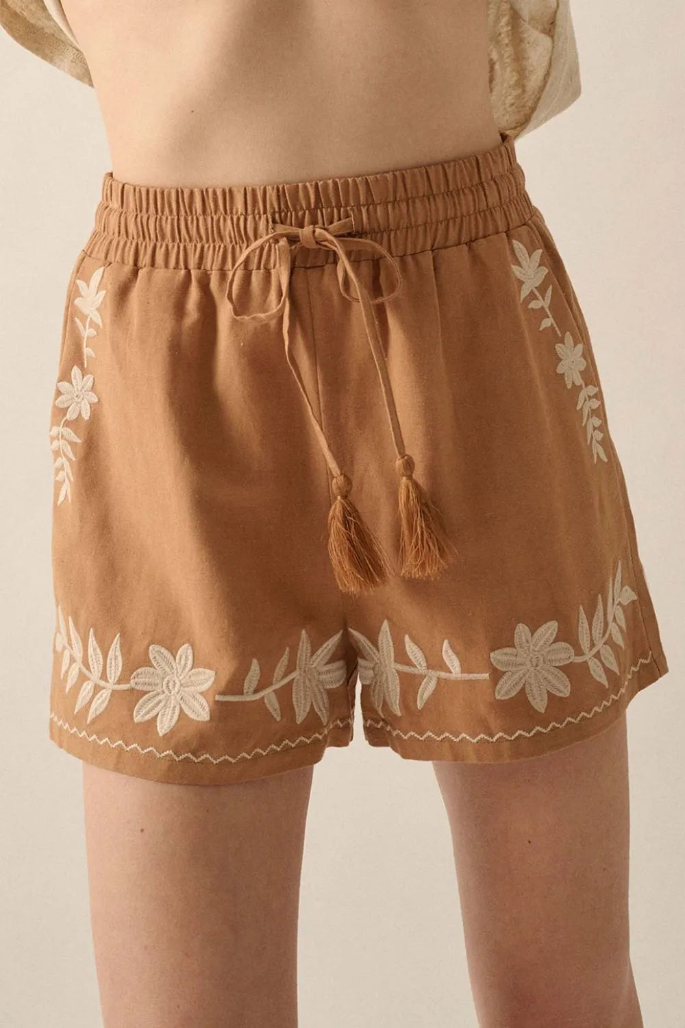 Embroidered Boho Tasseled Drawstring Elastic Waist Casual Shorts Caramel d6b4feec-1bf8-4da5-8695-ad4ef2894e37-Max-Origin