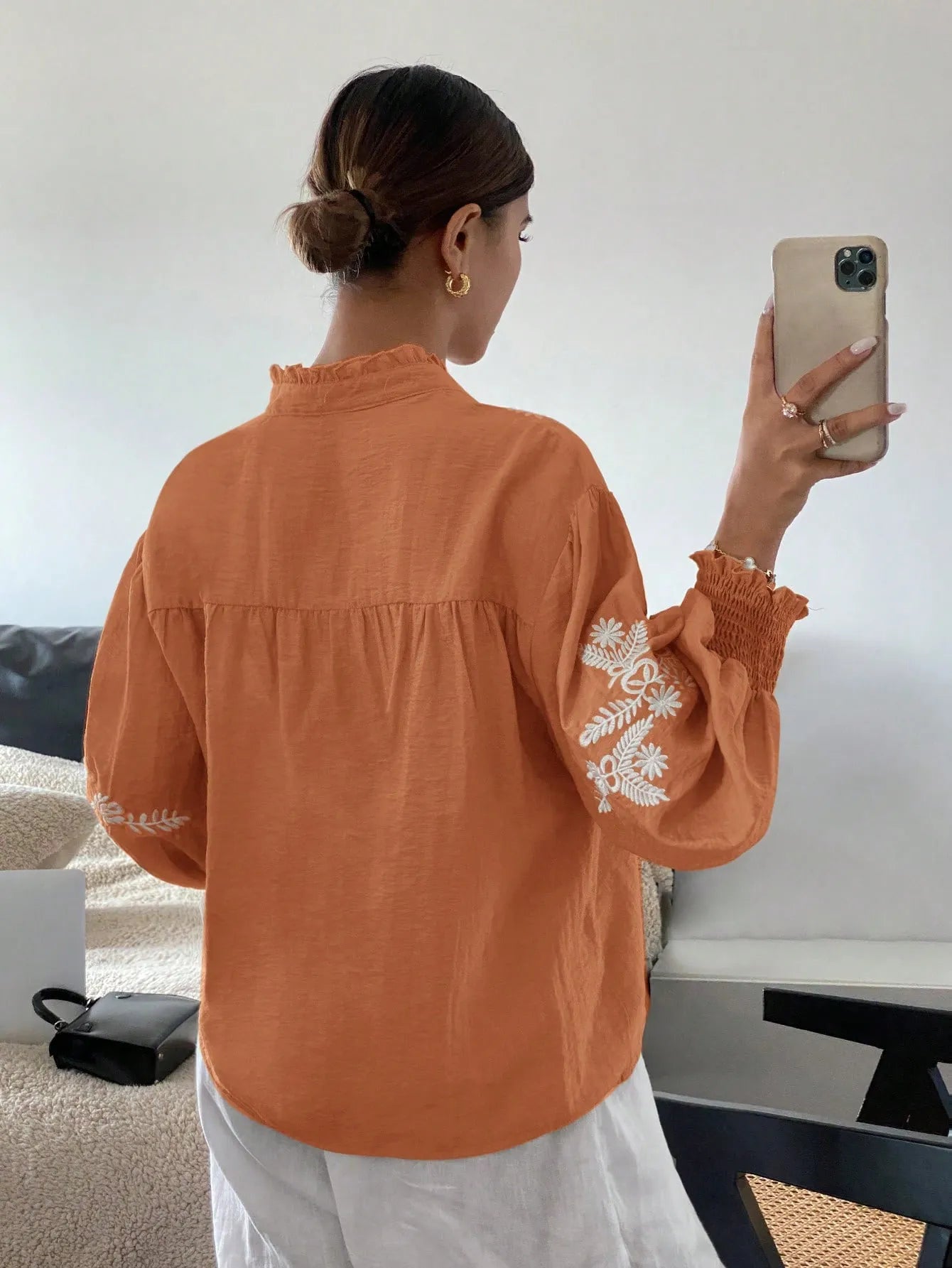 Embroidered Lantern Sleeve Blouse d6baadc4-af24-4491-b274-b16855d736b3-Max-Origin