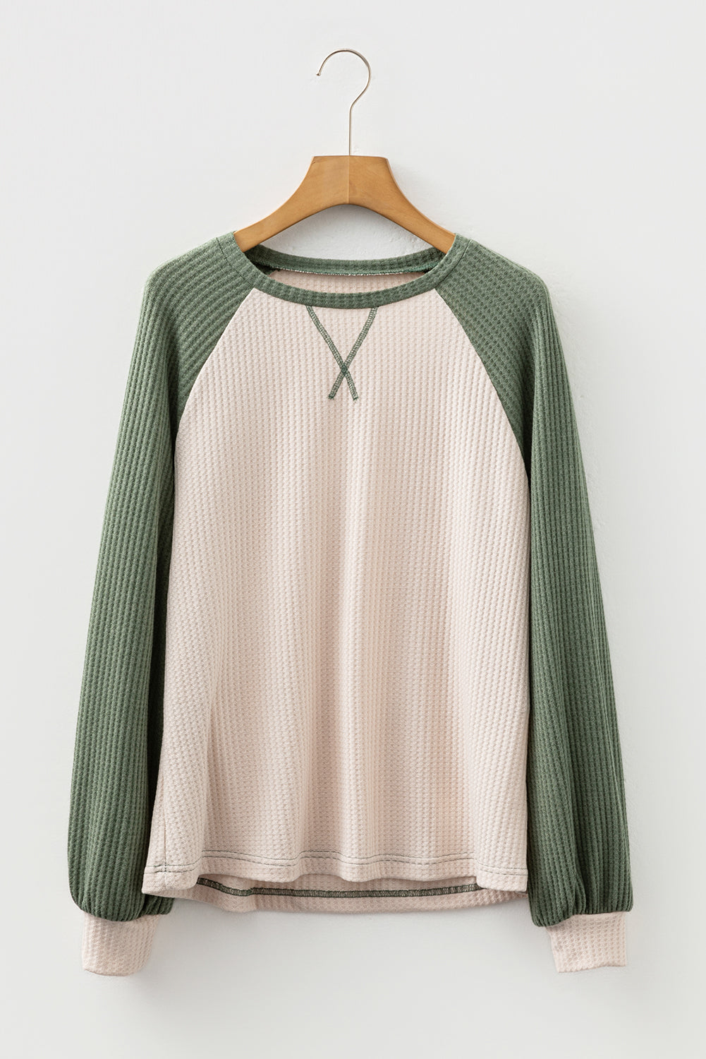 Mist Green Waffle Color Block Raglan Sleeve Top