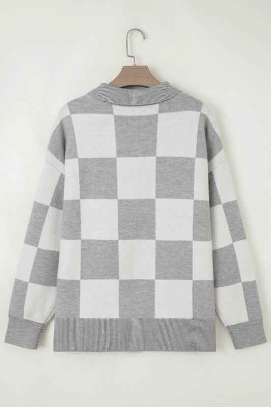 Plus Size Checker Buttoned Polo Collar Sweater d6f9d527-8d55-48c0-92a8-45ac1c69f031