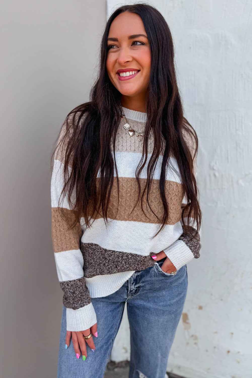Brown Mixed Texture Knit Striped Colorblock Loose Sweater d730e911715f0040
