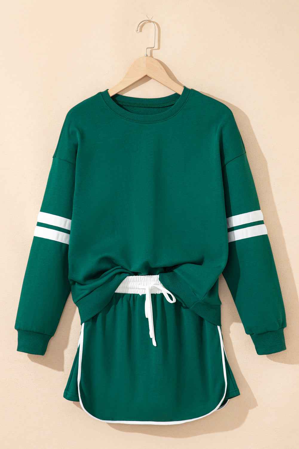 Evergreen Varsity Stripe Detail Drop Shoulder Pullover Mini Skort Set d778aee916382559