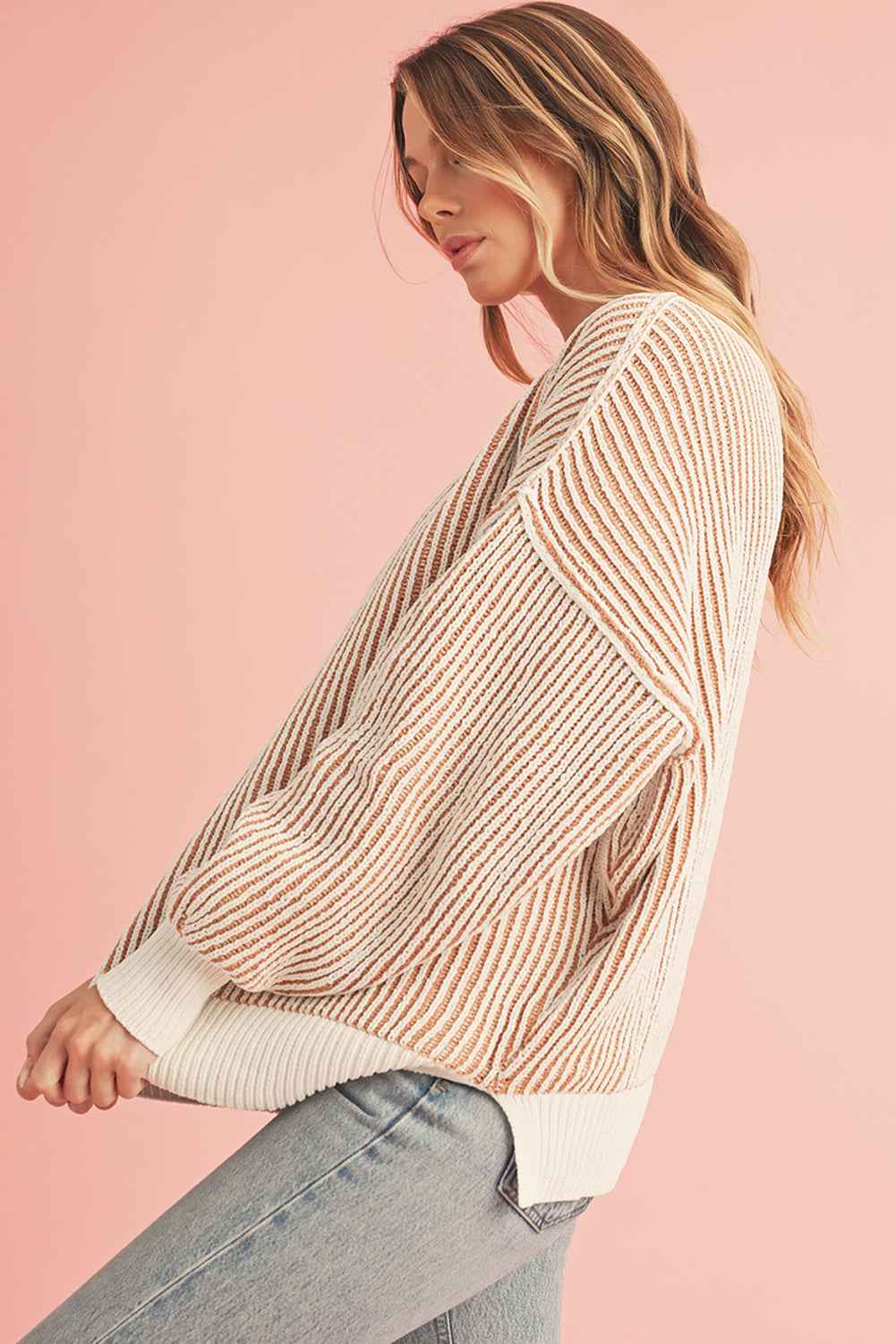 Chestnut Striped Contrast Trim Loose Sweater d7b81967716eb967