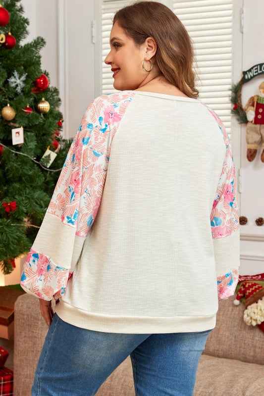 Plus Size Floral Patchwork Sleeve Crewneck Top d7bdd56a-0b2b-4e45-9212-dd3b5d8b3bdd