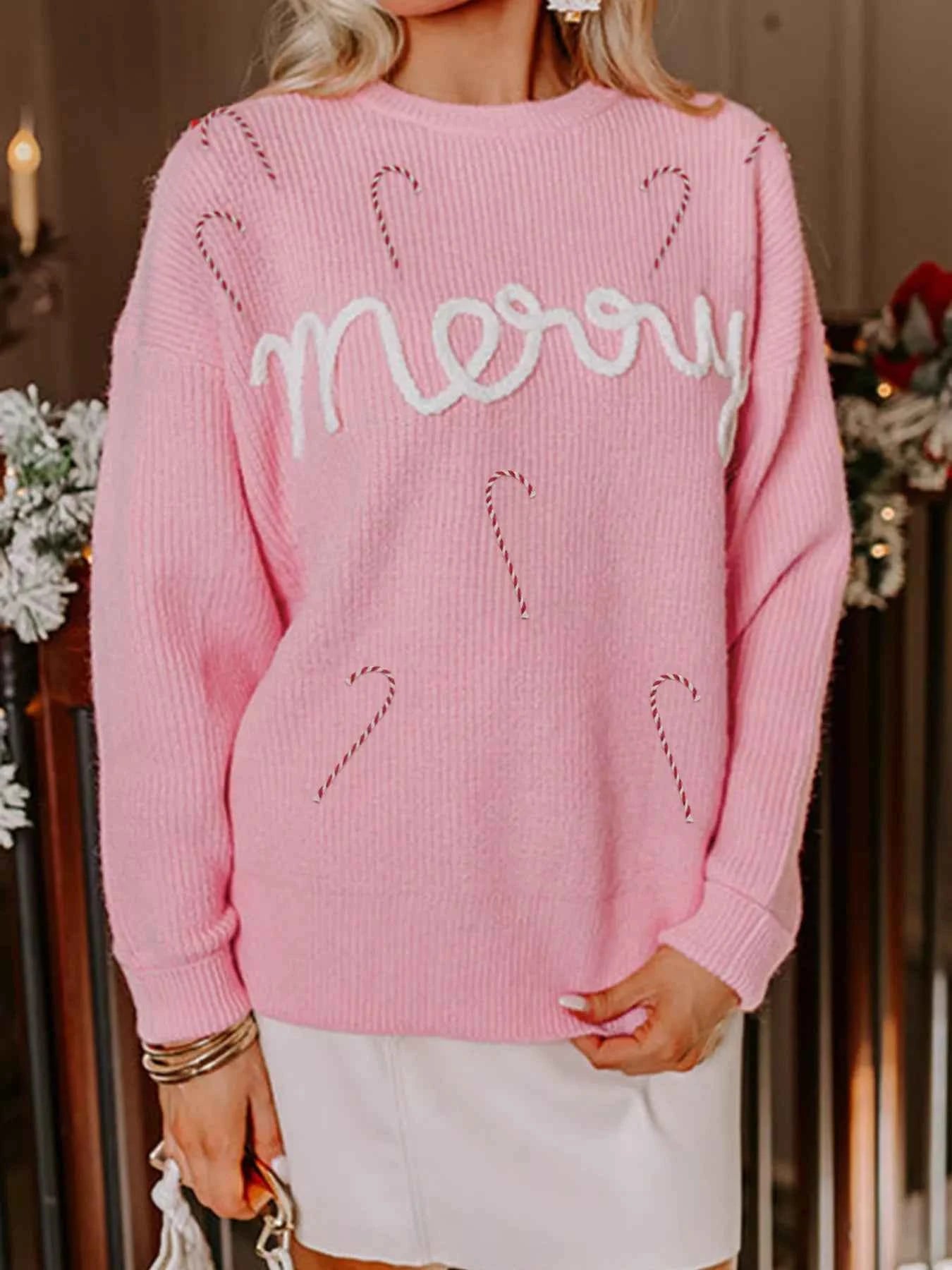 Merry Candy Cane Christmas Crew Neck Sweater d7d0cb20f67e405e9352eecabde0fe91-Max-Origin