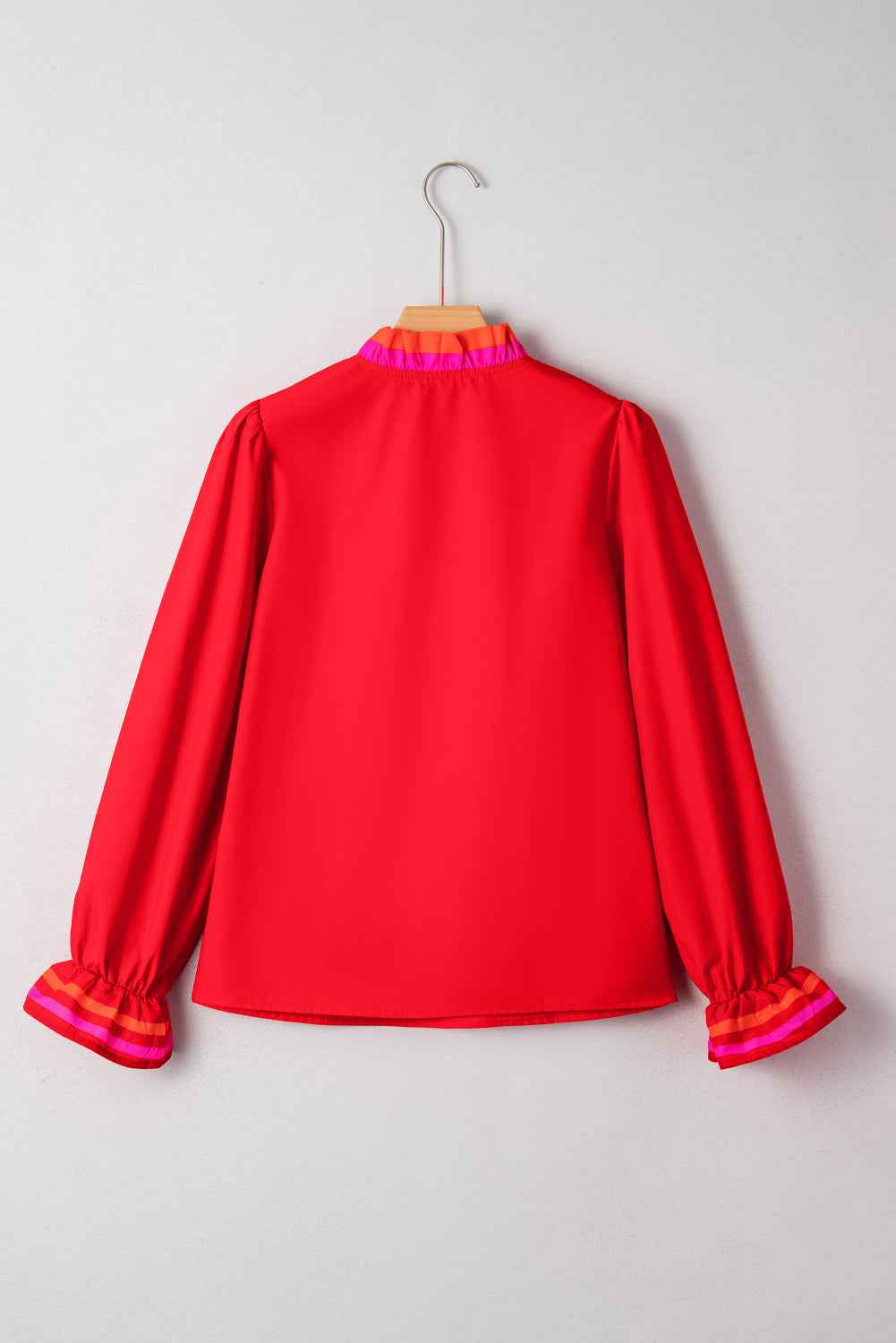 Fiery Red Striped Trim Ruffle Split Neck Long Sleeve Blouse d7f0dacef607f7dc