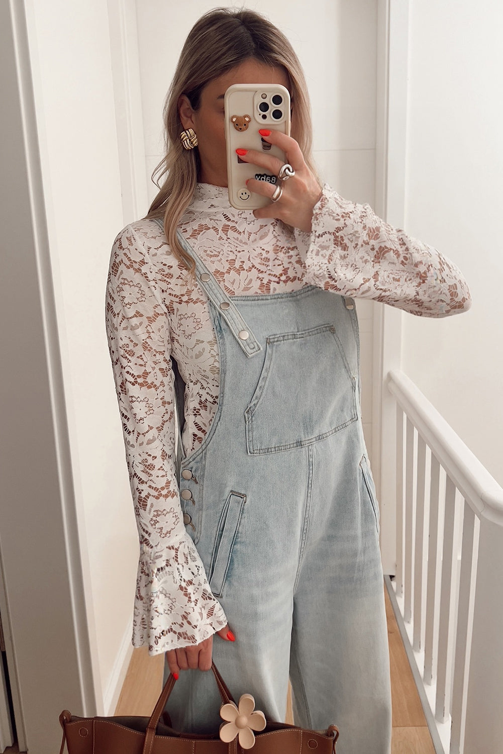 White Lace Crochet Bell Sleeve Mock Neck Blouse d800df9498610004