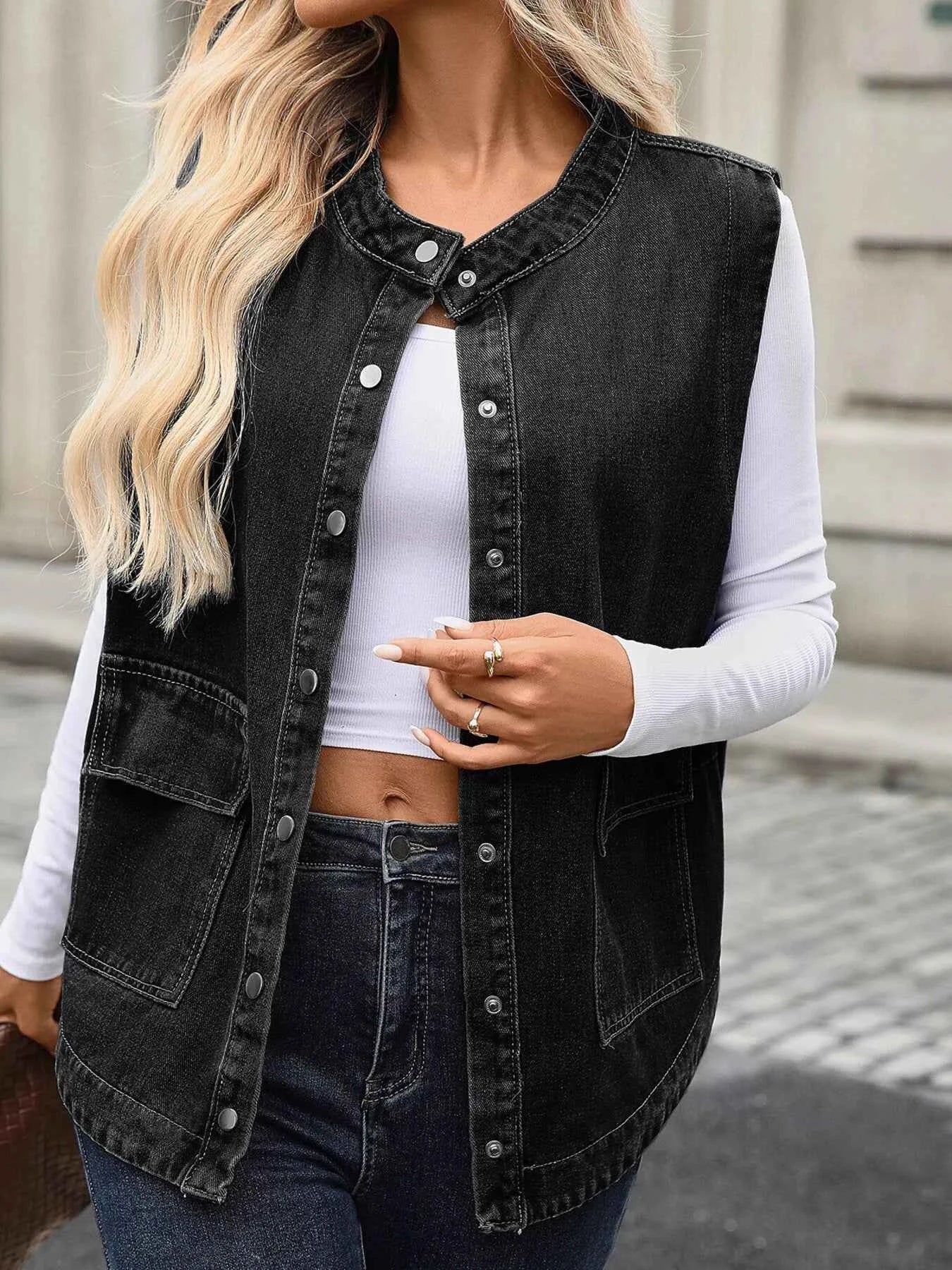 Snap Down Sleeveless Denim Jacket d87a6c109ebc440eab663e3c4b1c4ffd-Max-Origin