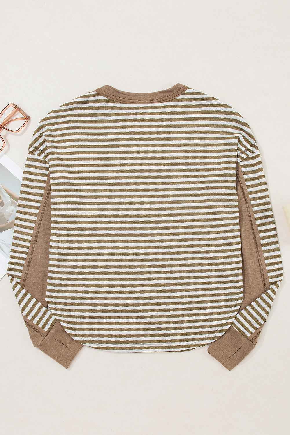 Khaki Stripe Patchwork Knit Drop Shoulder Top d890b53b575aedb3